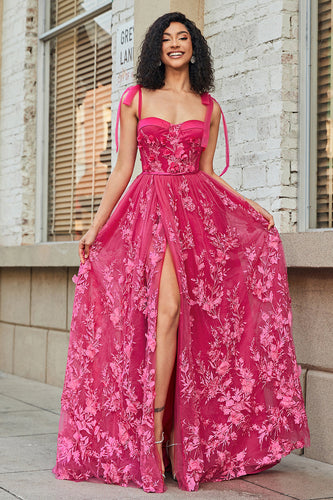 Spaghetti Straps Hot Pink A-Line Long Formal Dress with Slit