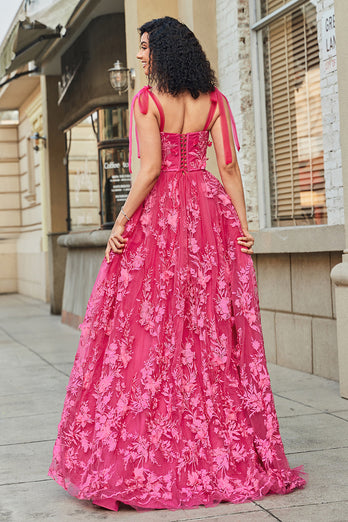 Spaghetti Straps Hot Pink A-Line Long Formal Dress with Slit