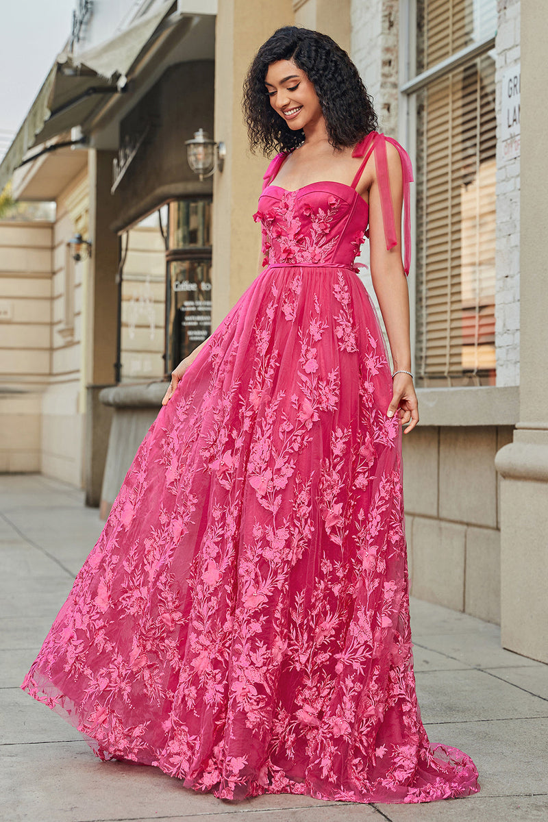 Load image into Gallery viewer, Spaghetti Straps Hot Pink A-Line Long Formal Dress with Slit