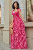 Spaghetti Straps Hot Pink A-Line Long Formal Dress with Slit