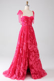 A-Line Spaghetti Straps Fuchsia Long Formal Dress with Slit