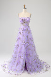 Lilac A-Line Spaghetti Straps Long Formal Dress with 3D Flowers