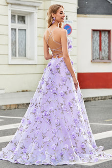 Gorgeous A Line Spaghetti Straps Lilac Long Formal Dress with 3D Flowers