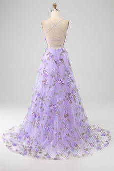 Lilac A-Line Spaghetti Straps Long Formal Dress with 3D Flowers