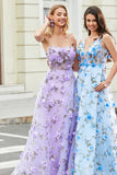 Gorgeous A Line Spaghetti Straps Lilac Long Formal Dress with 3D Flowers