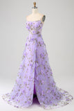 Lilac A-Line Spaghetti Straps Long Formal Dress with 3D Flowers