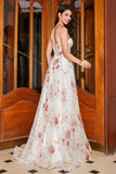 Embroidered Ivory Flower Long Corset Formal Dress with Slit