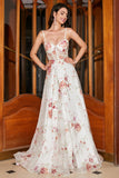 Embroidered Ivory Flower Long Corset Formal Dress with Slit