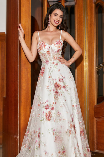 Embroidered Ivory Flower Long Corset Formal Dress with Slit