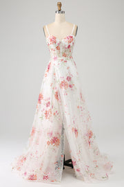 Ivory Flower Embroidered Long Corset Formal Dress with Slit