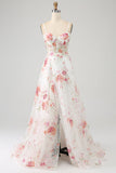 Ivory Flower Embroidered Long Corset Formal Dress with Slit