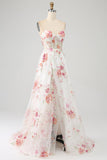 Ivory Flower Embroidered Long Corset Formal Dress with Slit