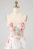 Ivory Flower Embroidered Long Corset Formal Dress with Slit