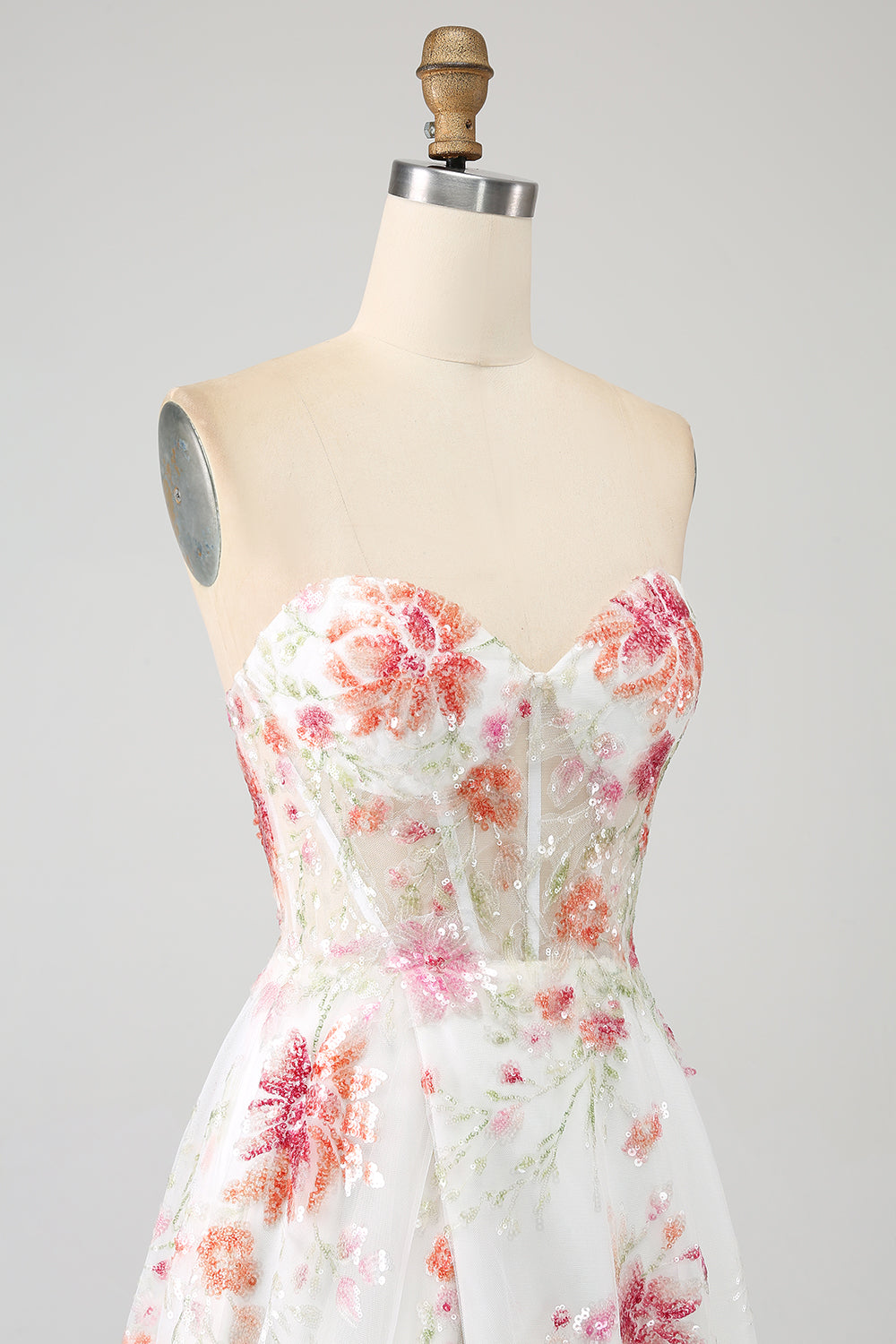 Ivory Flower Embroidered Long Corset Formal Dress with Slit