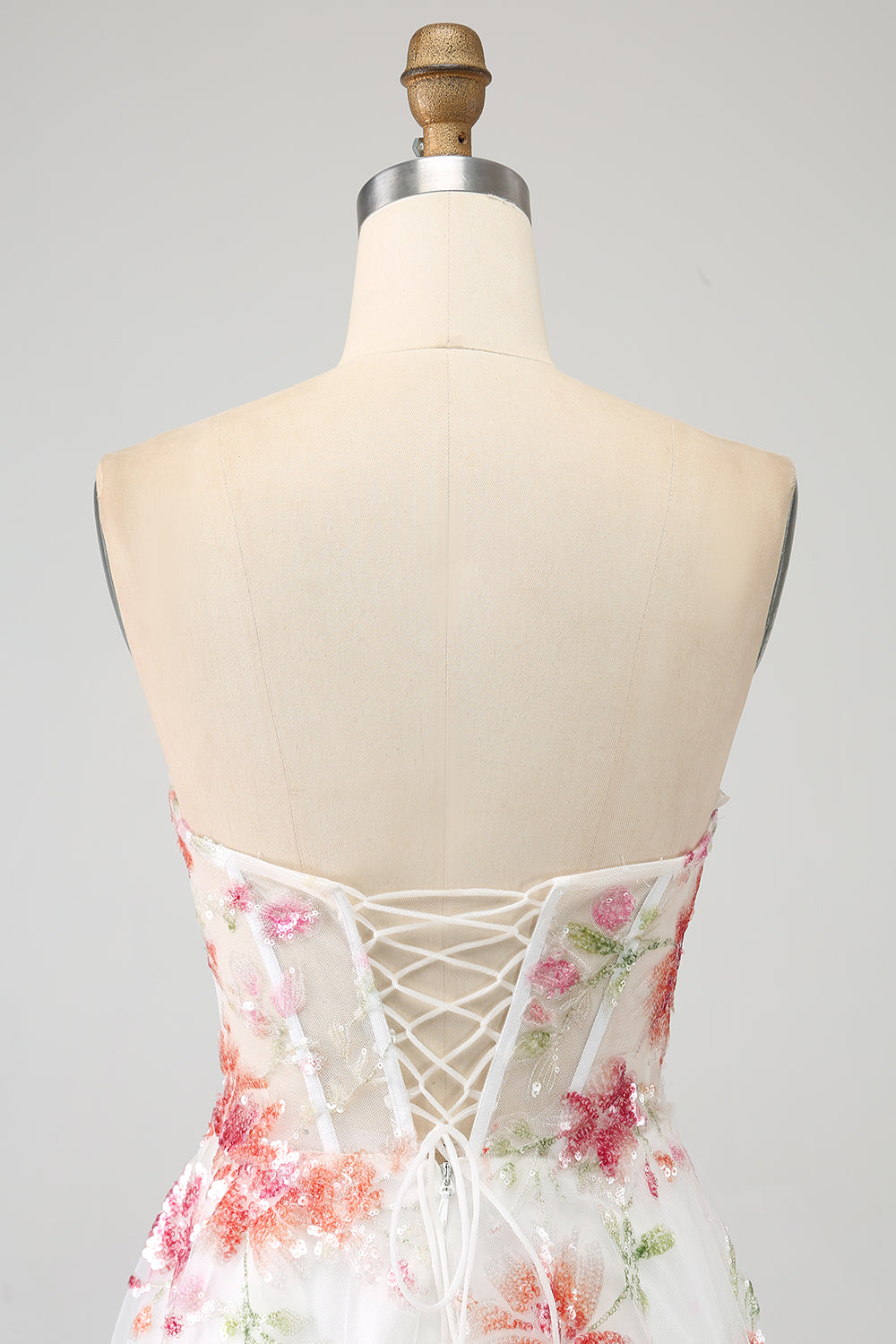 Ivory Flower Embroidered Long Corset Formal Dress with Slit