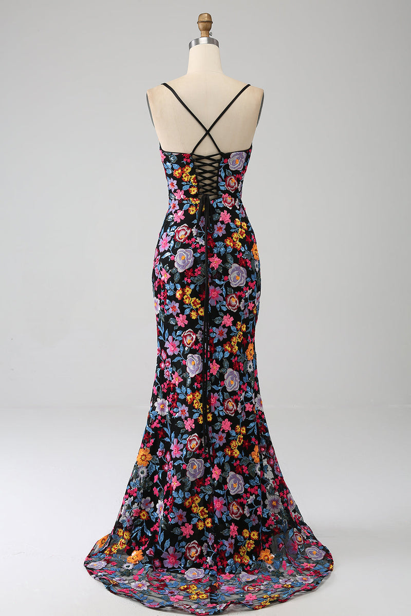 Load image into Gallery viewer, Mermaid Spaghetti Straps Black Flower Embroidered Formal Dress With Side Slit