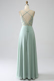 Matcha A-Line Spaghetti Straps Backless Pleated Long Bridesmaid Dress