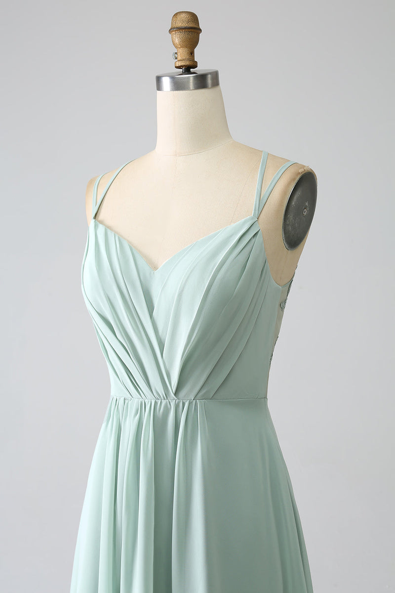 Load image into Gallery viewer, Matcha A-Line Spaghetti Straps Backless Pleated Long Bridesmaid Dress