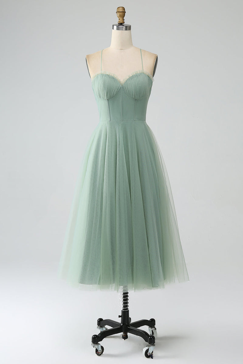 Load image into Gallery viewer, Matcha A-Line Spaghetti Straps Tea-Length Corset Tulle Bridesmaid Dress