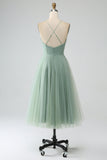 Matcha A-Line Spaghetti Straps Tea-Length Corset Tulle Bridesmaid Dress