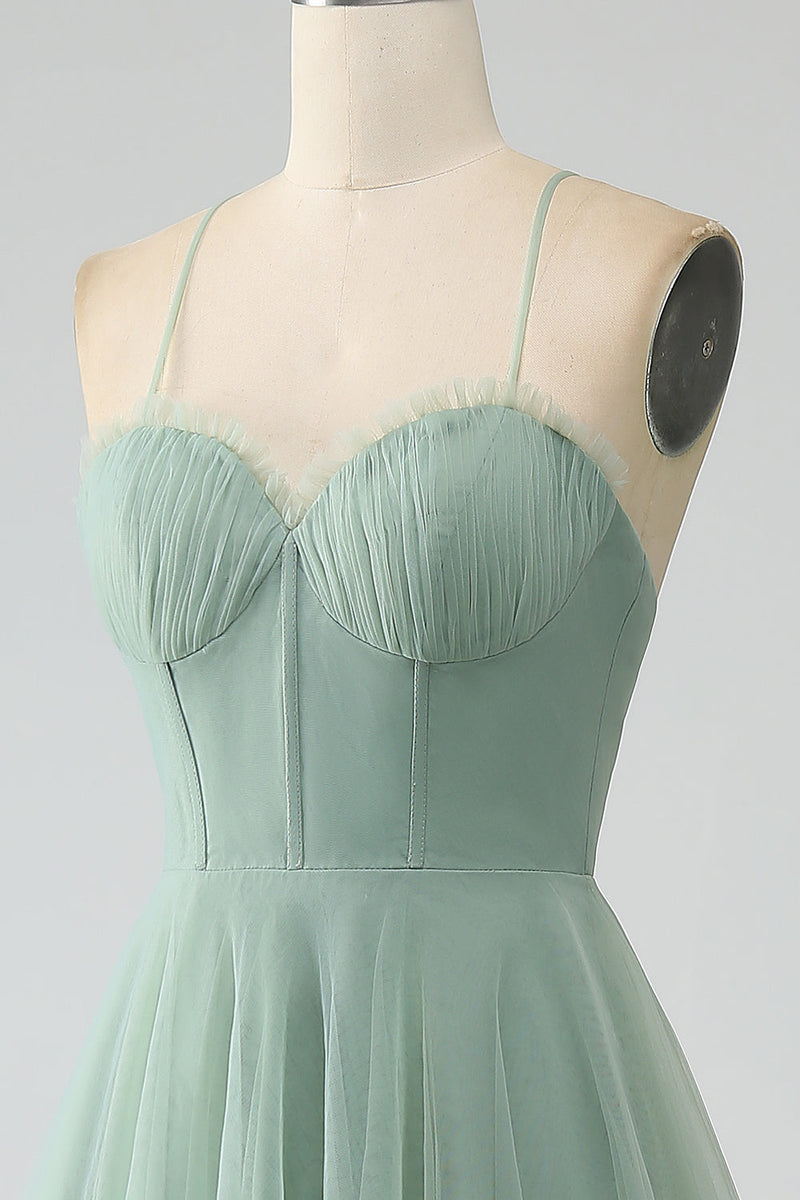 Load image into Gallery viewer, Matcha A-Line Spaghetti Straps Tea-Length Corset Tulle Bridesmaid Dress