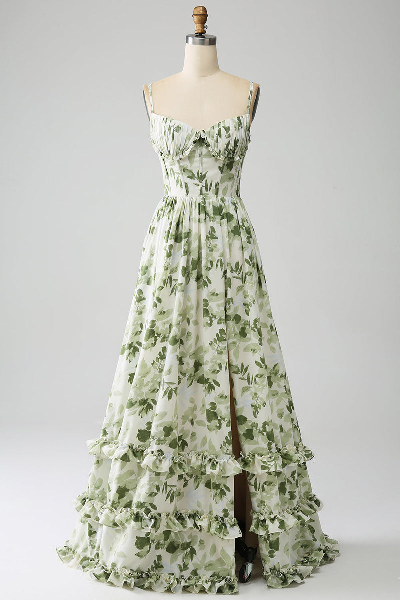 Load image into Gallery viewer, Green A-Line Spaghetti Straps Printed Pleated Long Formal Dress With Slit