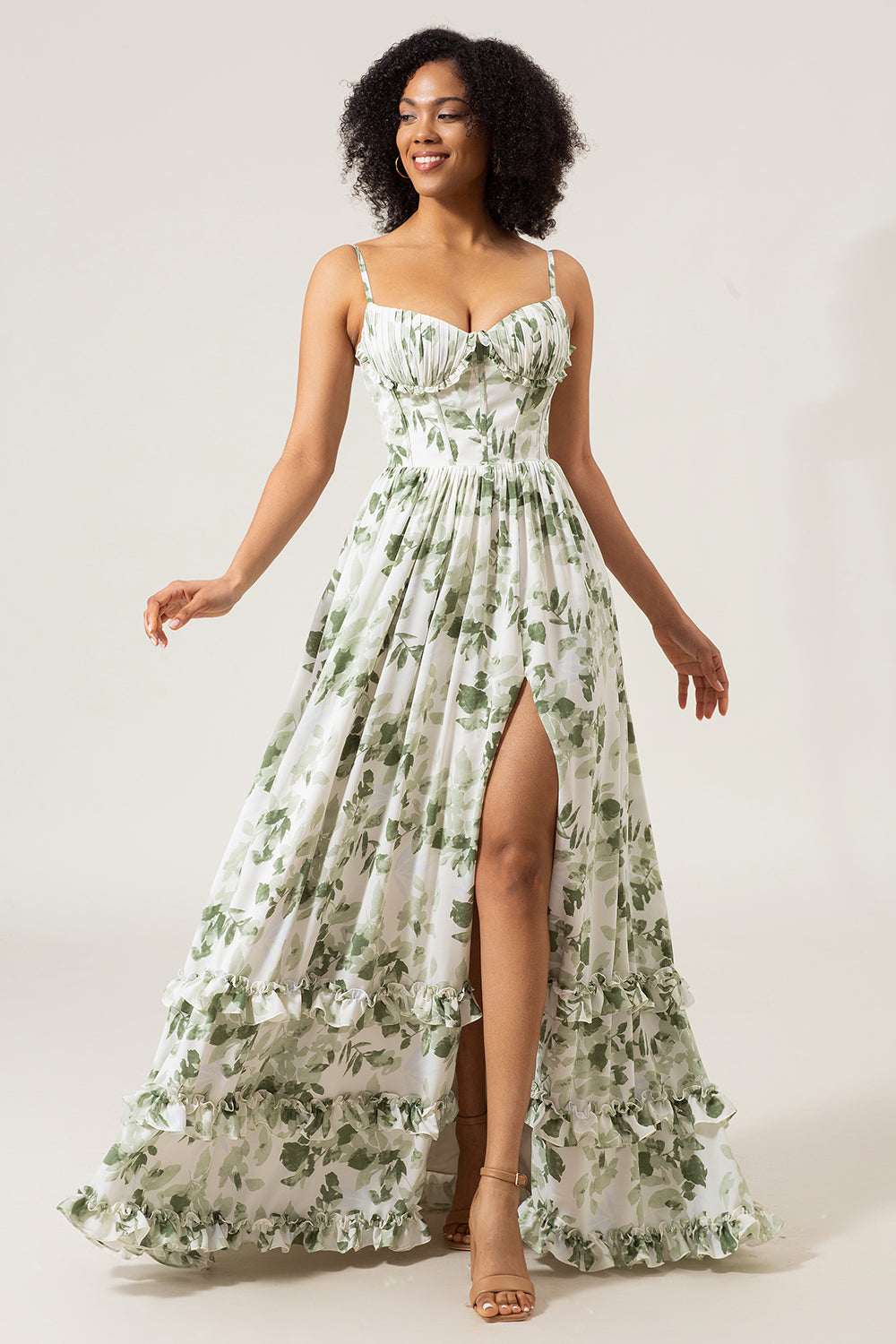 A-Line Spaghetti Straps Green Printed Long Formal Dress With Slit