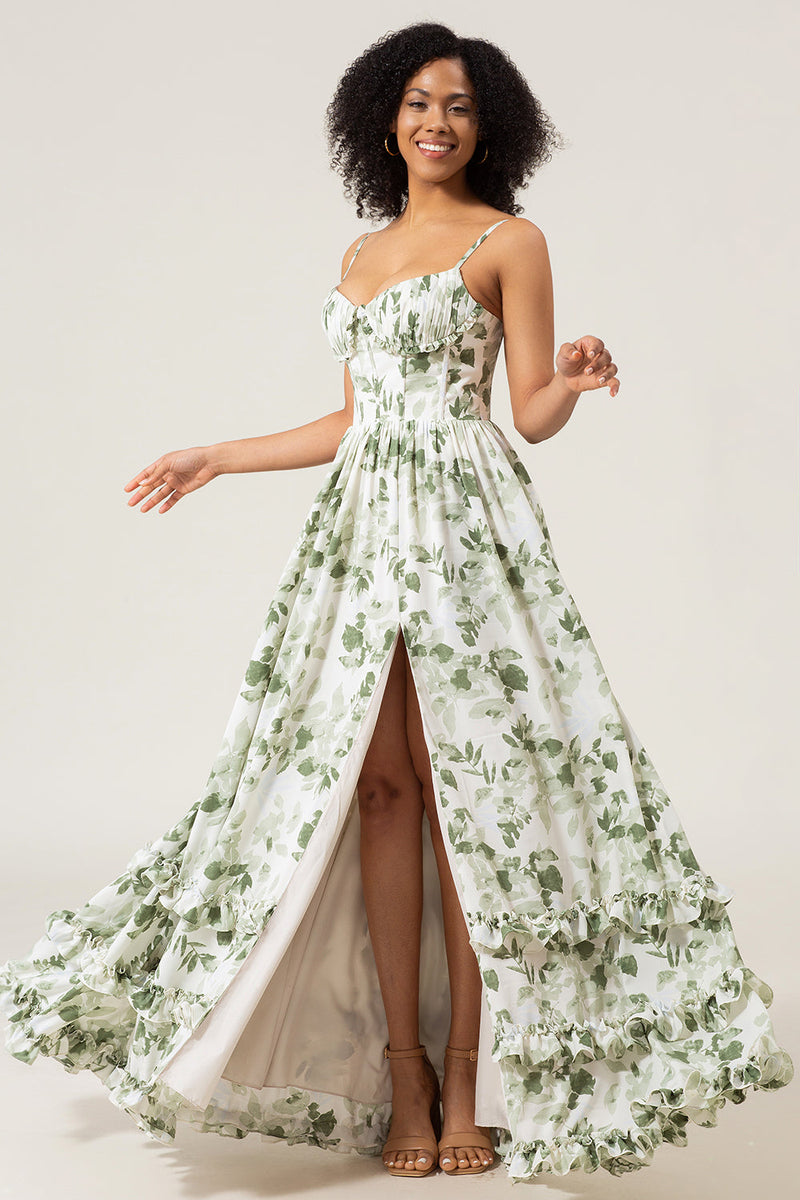 Load image into Gallery viewer, A-Line Spaghetti Straps Green Printed Long Formal Dress With Slit