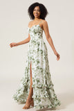 A-Line Spaghetti Straps Green Printed Long Formal Dress With Slit