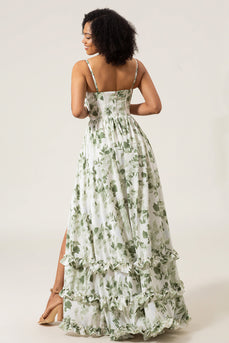 A-Line Spaghetti Straps Green Printed Long Formal Dress With Slit