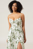 Load image into Gallery viewer, A-Line Spaghetti Straps Green Printed Long Formal Dress With Slit