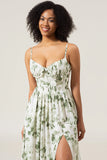 A-Line Spaghetti Straps Green Printed Long Formal Dress With Slit