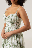 A-Line Spaghetti Straps Green Printed Long Formal Dress With Slit