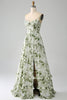 Load image into Gallery viewer, Green A-Line Spaghetti Straps Printed Pleated Long Formal Dress With Slit
