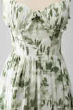 Green A-Line Spaghetti Straps Printed Pleated Long Formal Dress With Slit