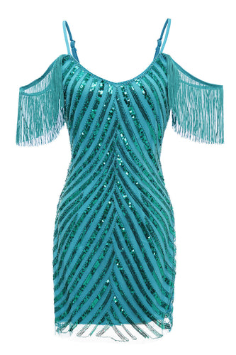 Sparkly Turquoise Tight Sequins Short Cocktail Dress with Fringes