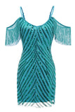 Sparkly Turquoise Tight Sequins Short Cocktail Dress with Fringes