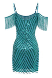 Sparkly Turquoise Tight Sequins Short Cocktail Dress with Fringes