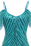 Sparkly Turquoise Tight Sequins Short Cocktail Dress with Fringes