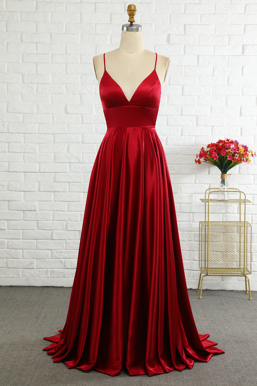 Simple A Line Spaghetti Straps Burgundy Long Formal Dress with Cirss Cross Back