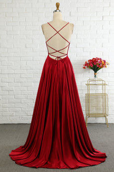 Simple A Line Spaghetti Straps Burgundy Long Formal Dress with Cirss Cross Back