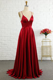 Simple A Line Spaghetti Straps Burgundy Long Formal Dress with Cirss Cross Back