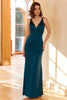 Load image into Gallery viewer, Sheath V Neck Peacock Blue Long Formal Dress with Criss Cross Back