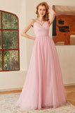 Glitter Pink Lace-Up Ruched Long Formal Dress