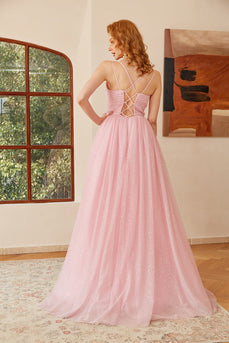 Glitter Pink Lace-Up Ruched Long Formal Dress