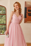 Glitter Pink Lace-Up Ruched Long Formal Dress