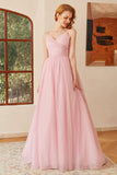 Glitter Pink Lace-Up Ruched Long Formal Dress