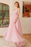 Glitter Pink Lace-Up Ruched Long Formal Dress