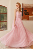 Glitter Pink Lace-Up Ruched Long Formal Dress