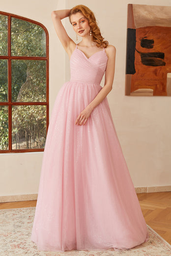 Glitter Pink Lace-Up Ruched Long Formal Dress